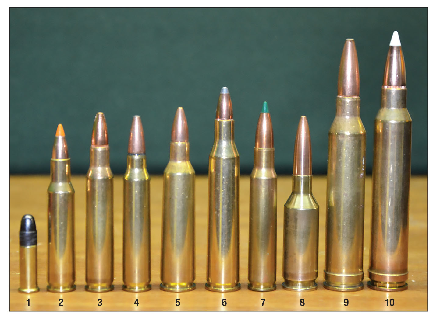 A few of the many cartridges the Remington 40X was chambered for throughout the years: (1) .22 Long Rifle, (2) 222 Remington, (3) 222 Remington Magnum, (4) .223 Remington, (5) .22-250, (6) .220 Swift, (7) 6x47mm, (8) 6mm BR Remington, (9) 7mm Remington Magnum and (10) .300 Winchester Magnum.